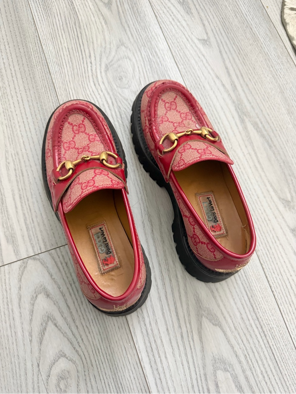 Gucci Pink-Red GG Canvas Horsebit Loafers - Picture 1 of 4